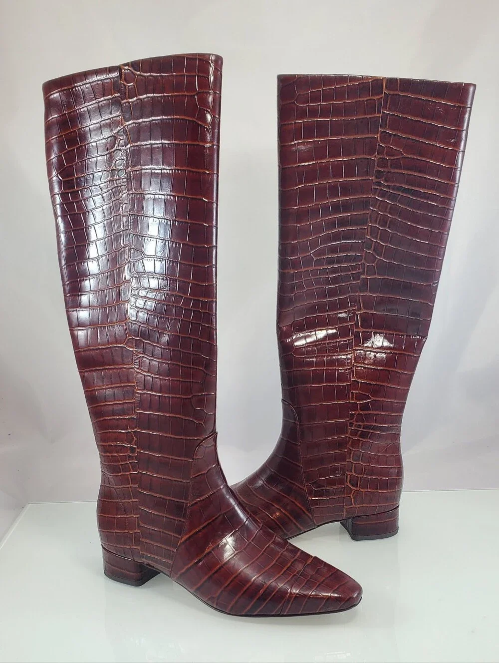 NWT$795 Veronica Beard Cecile Croc Embossed Knee High Boots Sz 6.5